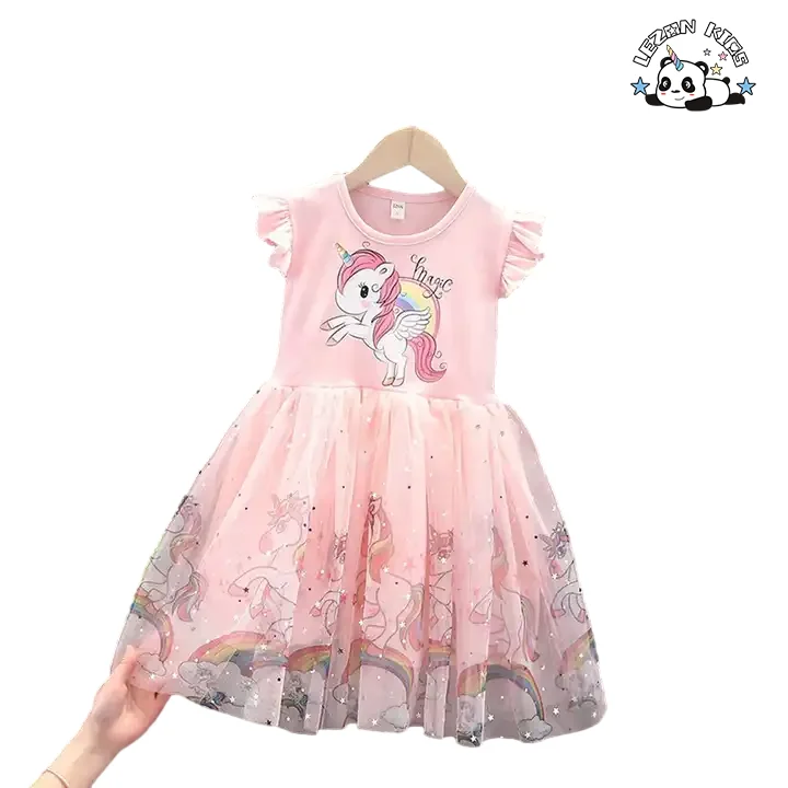 LEZONKIDS - Customizable New Fashion Cotton Ruffle Sleeve Kids Dresses Tulle Dress unicorn Dress for Girls
